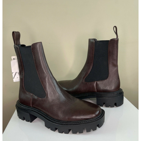 ZARA Brown Leather Ankle Boots Elastic Chunky Heel Track Sole Women 38 7.5 NEW - Picture 2 of 6